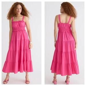 J. Crew Sevilla Hot Pink Tiered Midi Dress Size Small Stretch Sleeveless Cotton